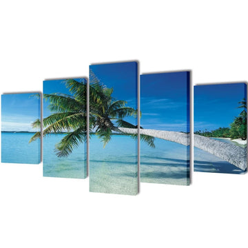 Sand Beach with Palm Tree Canvas Wall Print Set