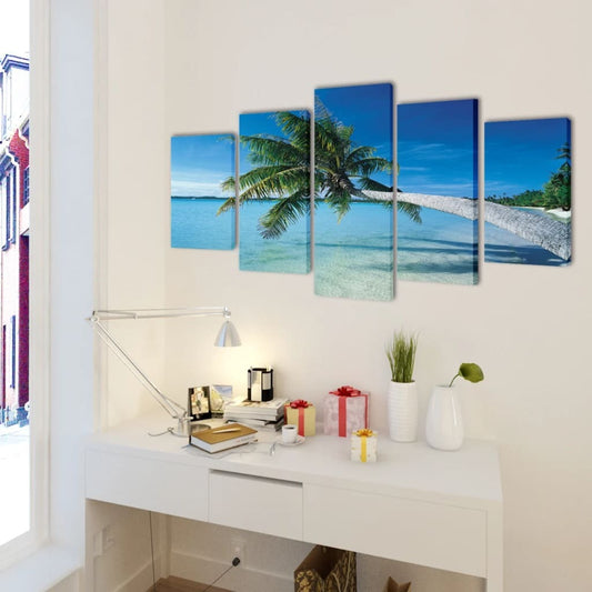 Sand Beach with Palm Tree Canvas Wall Print Set