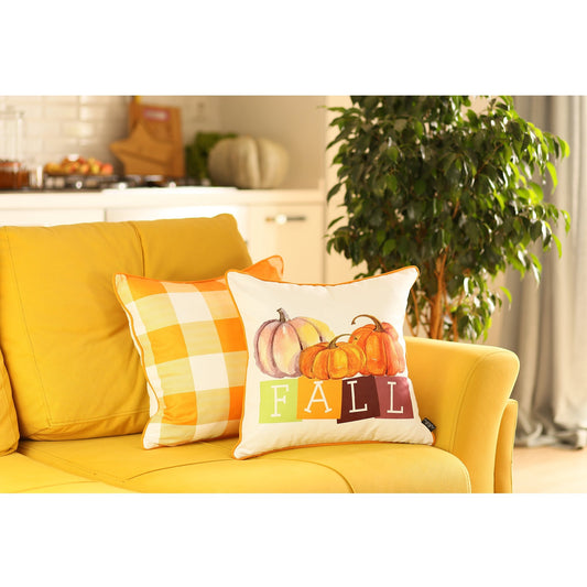 Fall Season Pumpkin Gingham Throw Pillow Cover