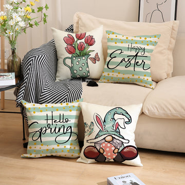 Easter Linen Print Cartoon Pillow Cover