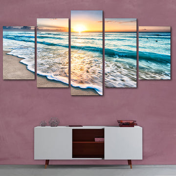 Sunset Beach Waves 5 Panel Wall Art HD