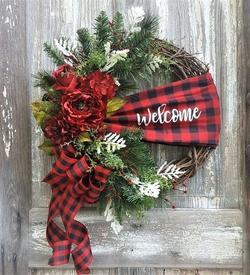 Red and Black Lattice Bow Wreath | Elegant Door Decor