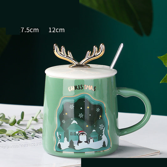 Christmas Reindeer Ceramic Mug with Lid and Spoon - Holiday Edition