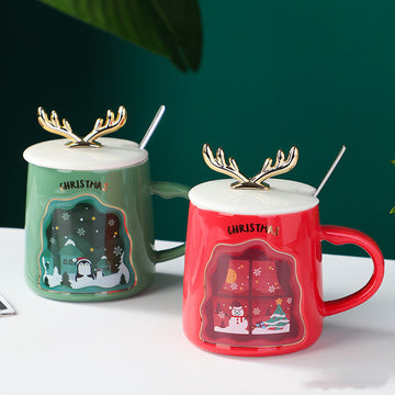 Christmas Reindeer Ceramic Mug with Lid and Spoon - Holiday Edition