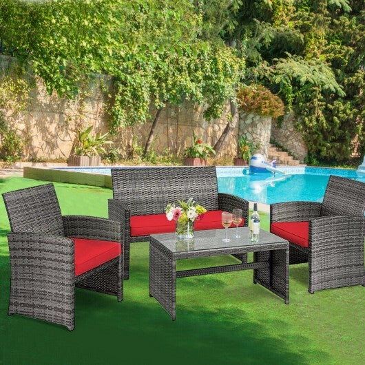 4-Piece Red Patio Rattan Furniture Set