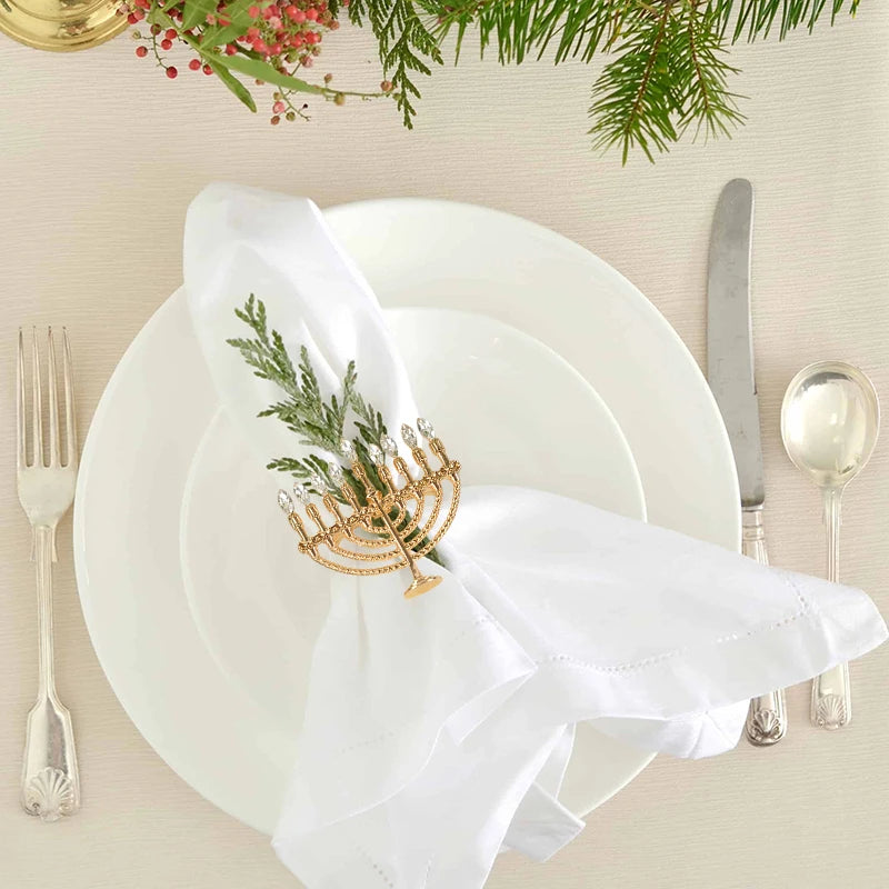 Gold Hanukkah Candlestick & Napkin Ring Set | Elegant Holiday Decor