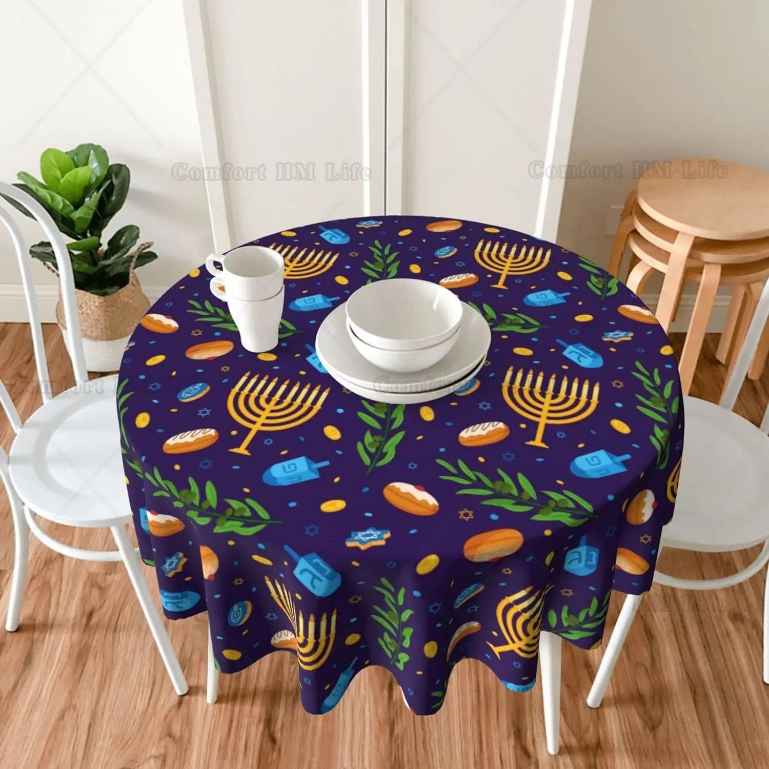 Happy Hanukkah Round Tablecloth | Festive Decor | Elegant Design