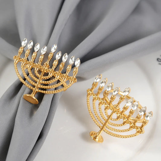 Gold Hanukkah Candlestick & Napkin Ring Set | Elegant Holiday Decor