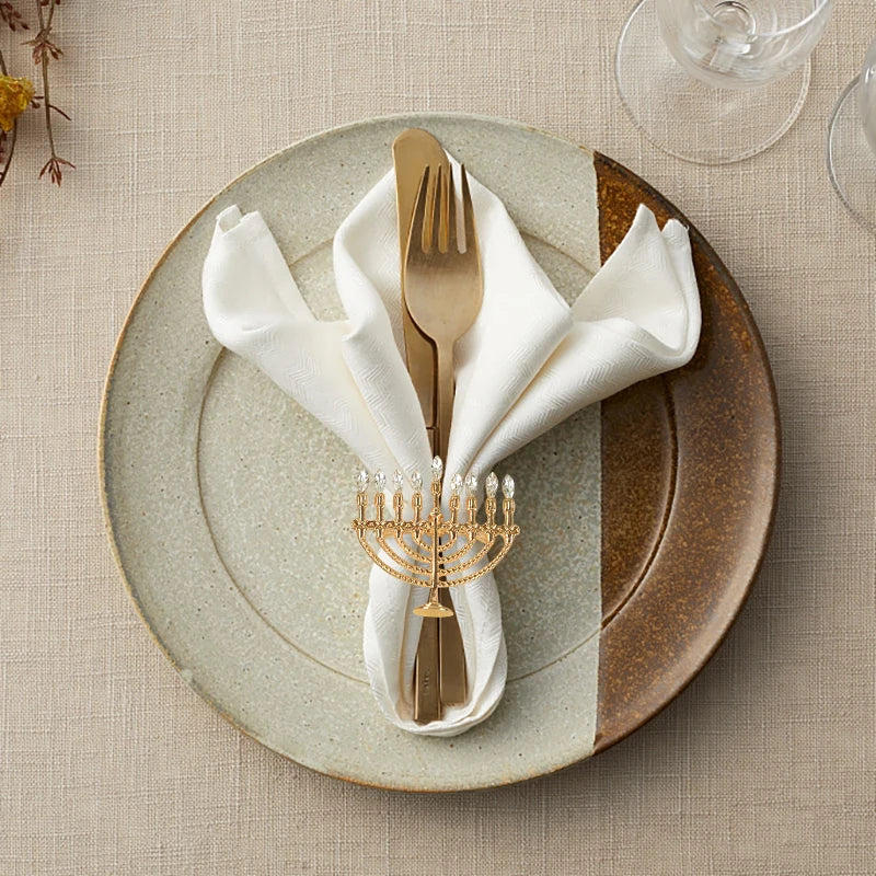 Gold Hanukkah Candlestick & Napkin Ring Set | Elegant Holiday Decor