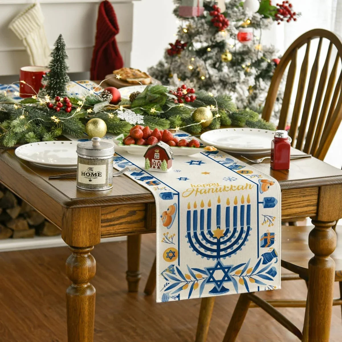 Happy Hanukkah Menorah Table Runner | Elegant Linen Decor