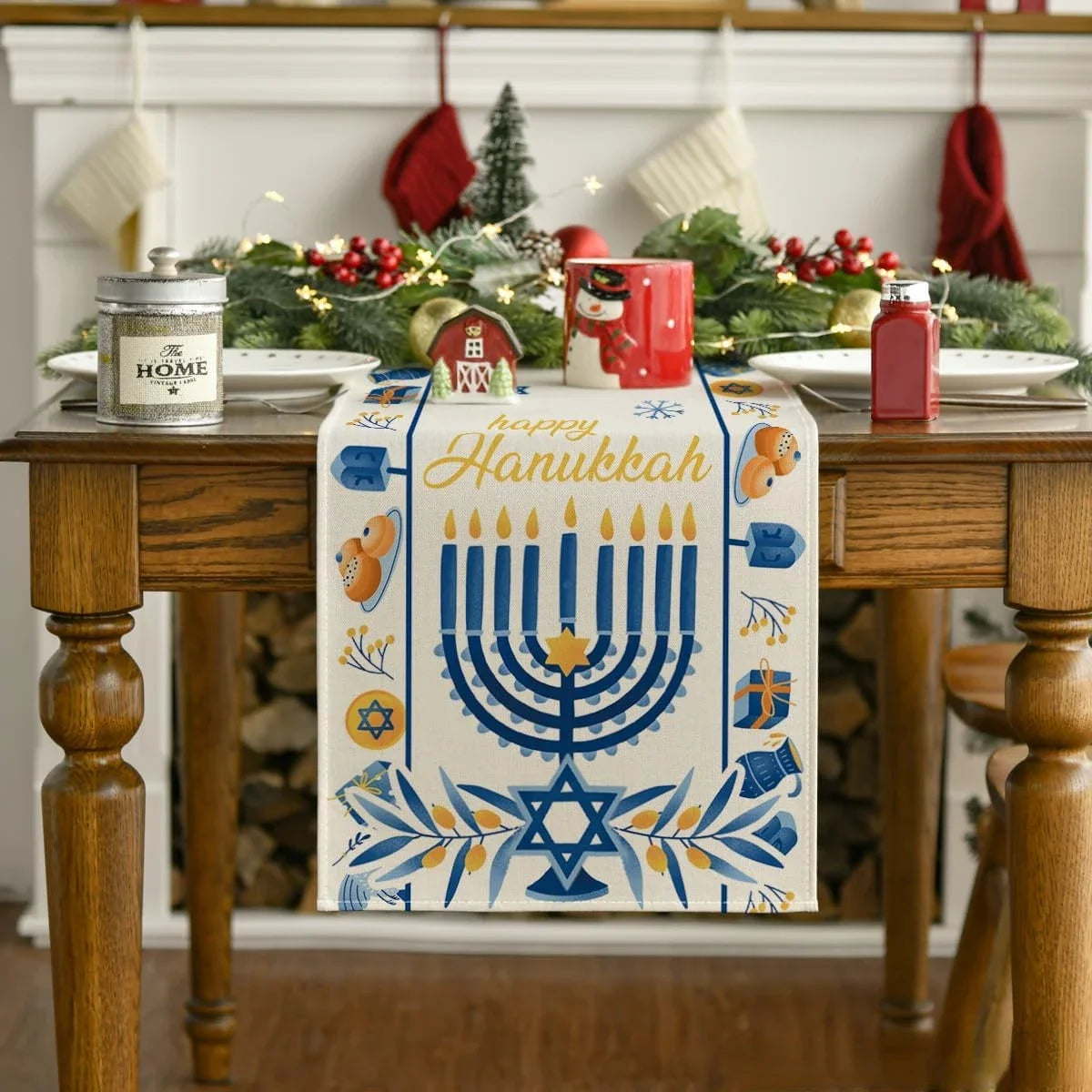 Happy Hanukkah Menorah Table Runner | Elegant Linen Decor