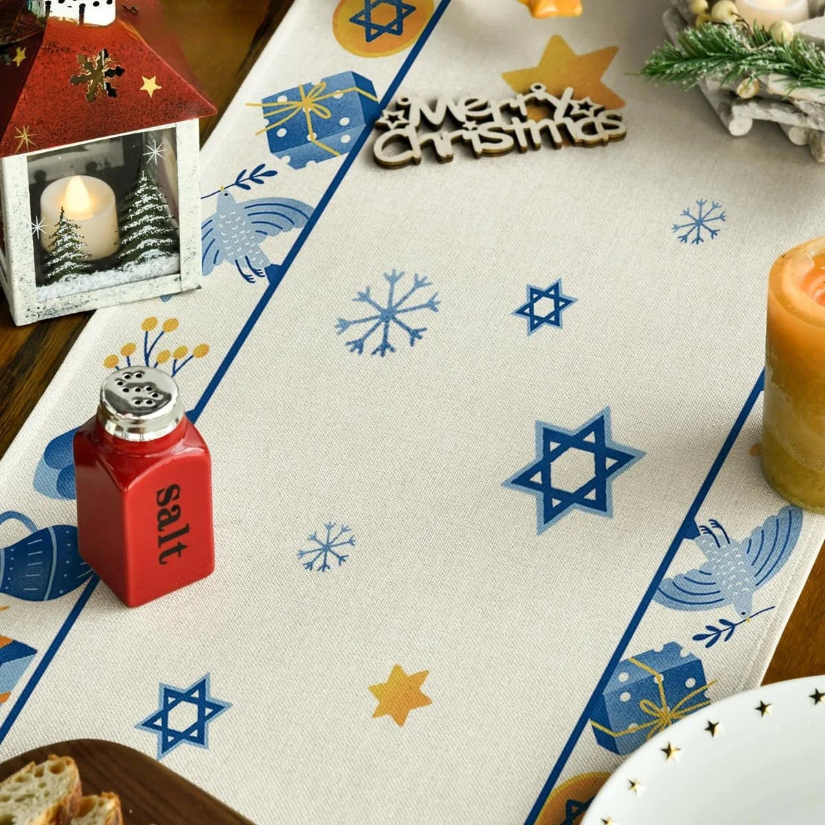 Happy Hanukkah Menorah Table Runner | Elegant Linen Decor