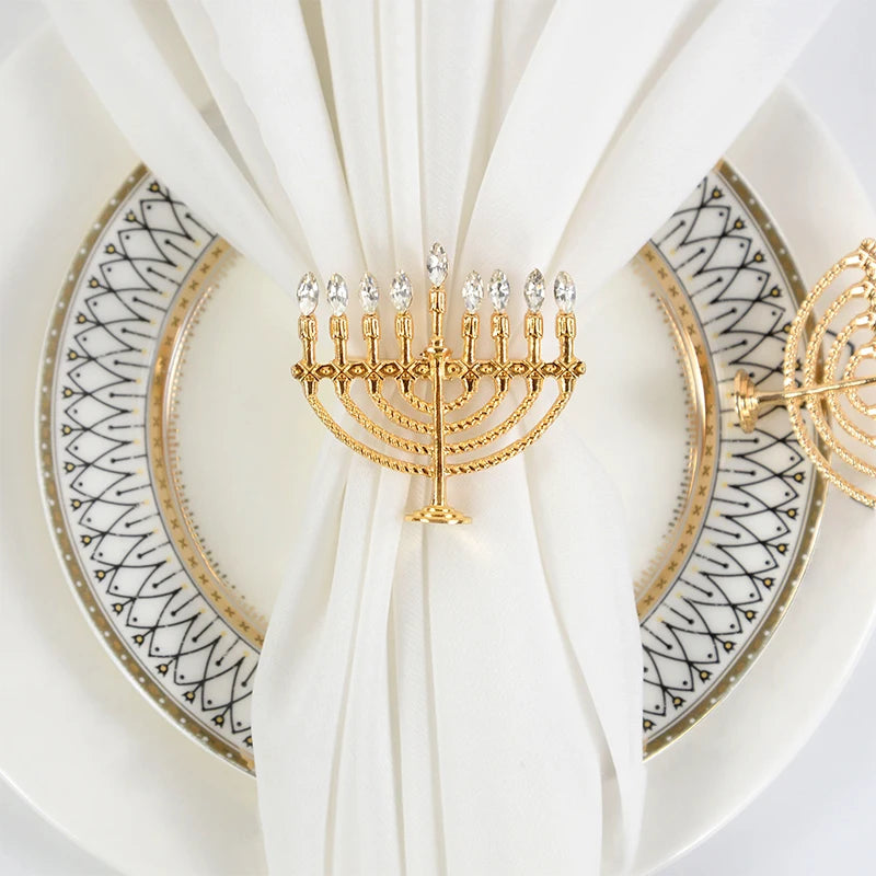 Gold Hanukkah Candlestick & Napkin Ring Set | Elegant Holiday Decor